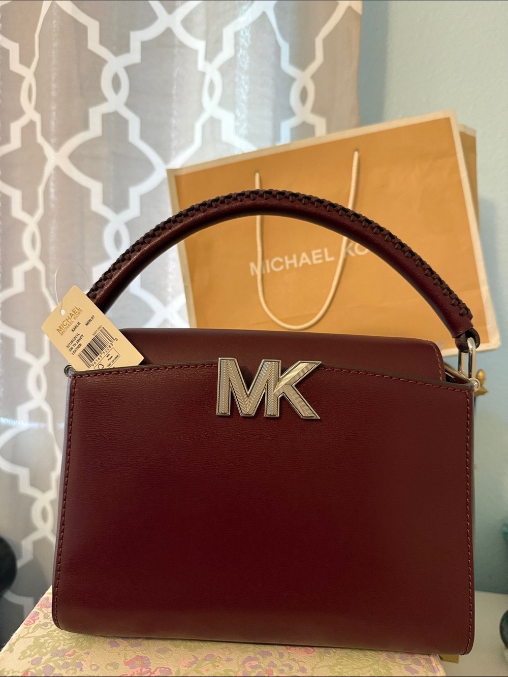 NWT Michael Kors Karlie Burgundy Top-Handle Satchel with MK Logo crossbody strap